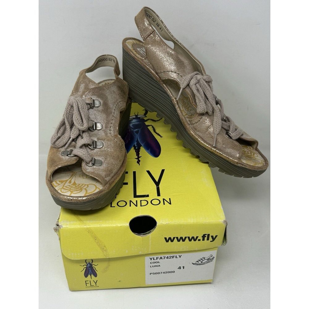 Fly London Ylfa Luna‎ Rose Gold Leather Lace up Wedge Sandals Women's Sz 41 Y2K